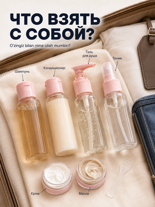 Набор дорожных флаконов для косметики, 6 емкостей с косметичкой, розовый