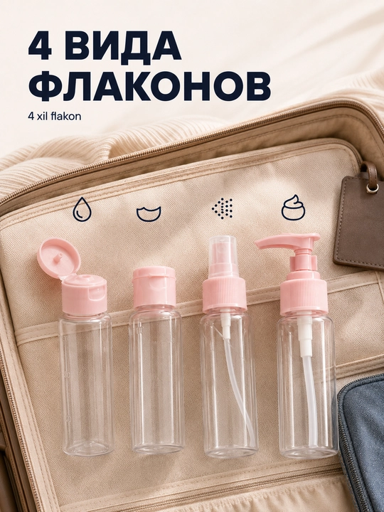 Набор дорожных флаконов для косметики, 6 емкостей с косметичкой, розовый