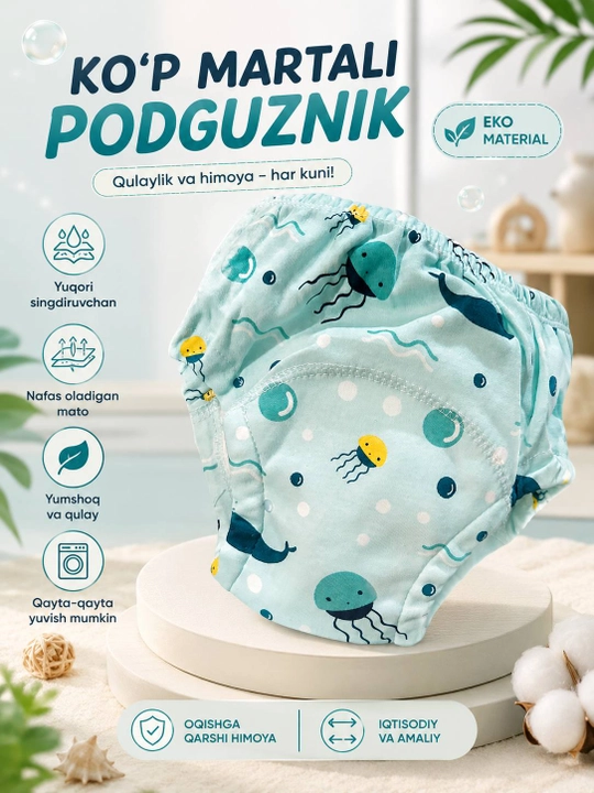 Bolalar uchun ko‘p marta ishlatiladigan matoli taglik-trusilar