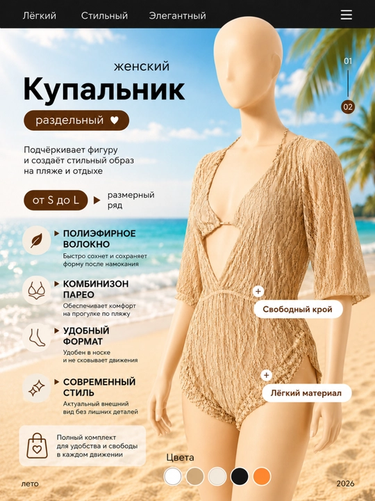 Купальник женский раздельный 3 в 1, с кружевным комбинезоном парео, бикини - 