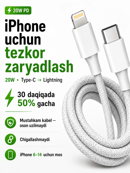 IPhone kabeli Macaron 20W tez zaryadlovchi Type-C Lightning zaryadchik iphone uchun