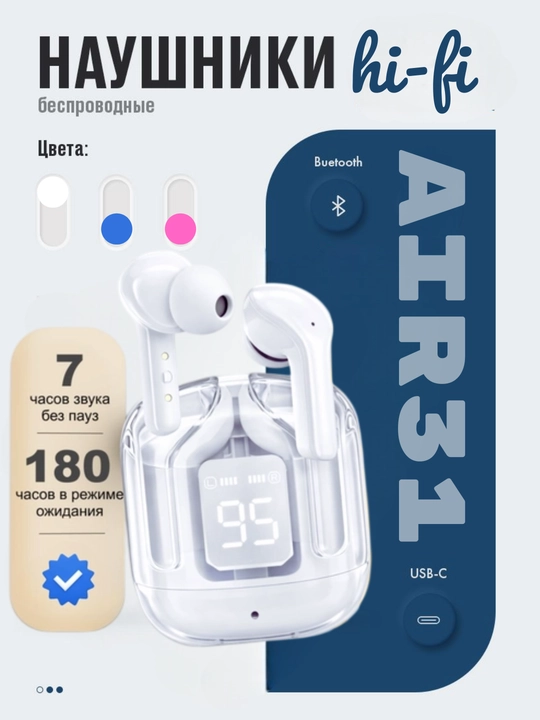 Беспроводные наушники Air 31 Hi-Fi наушник, с дисплеем и микрофоном для всех телефонов - 