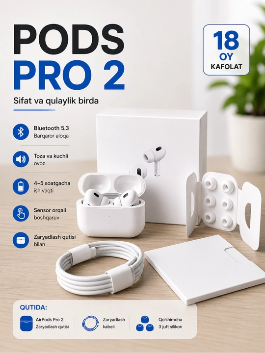 A Pods Pro 2 Premium simsiz quloqchinlari, iPhone va Android uchun Bluetooth, sensorli