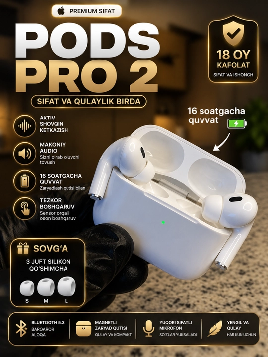 A Pods Pro 2 Premium simsiz quloqchinlari, iPhone va Android uchun Bluetooth, sensorli