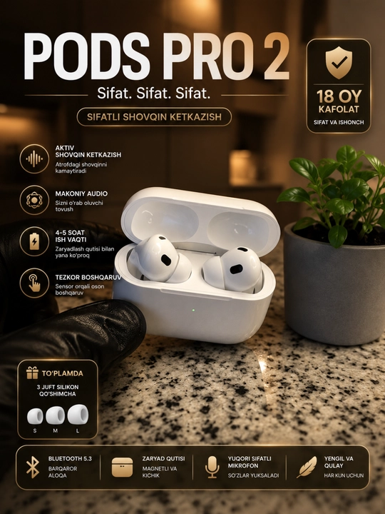 A Pods Pro 2 Premium simsiz quloqchinlari, iPhone va Android uchun Bluetooth, sensorli