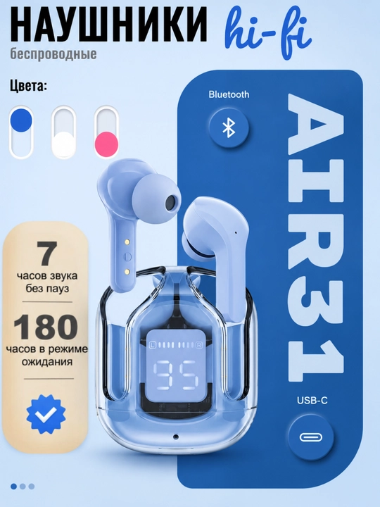 Беспроводные наушники Air 31 Hi-Fi наушник, с дисплеем и микрофоном для всех телефонов - 