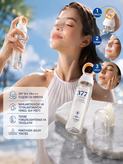 Quyoshdan saqlovchi yuz va tana uchun sprey 377 SPF 50+, namlantiruvchi va oqartiruvchi