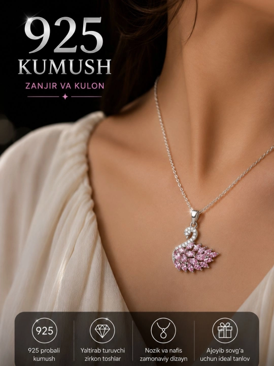 Oqqush kulonli ayollar sepochkasi – kumush rang, zircon toshli