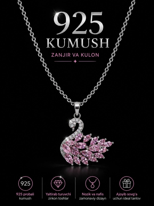 Oqqush kulonli ayollar sepochkasi – kumush rang, zircon toshli