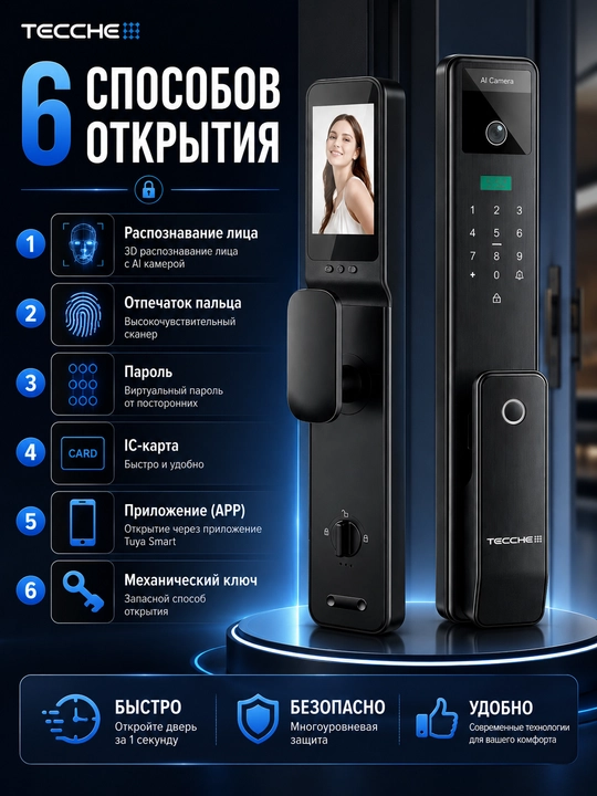 V6 aqlli eshik qulfi, 3D Face ID, AI kamera, HD ekran, Tuya Smart