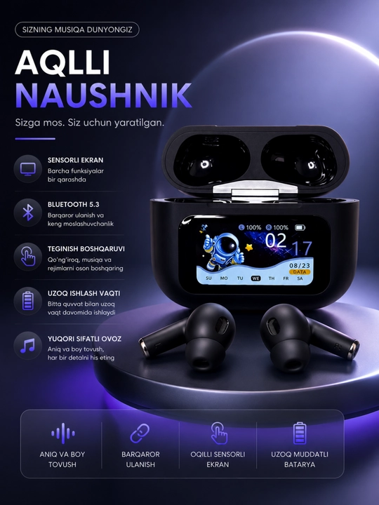 Simsiz Bluetooth Quloqlik – Sensor Boshqaruv, Bluetooth 5.3 va Smart Displeyli Quti - 