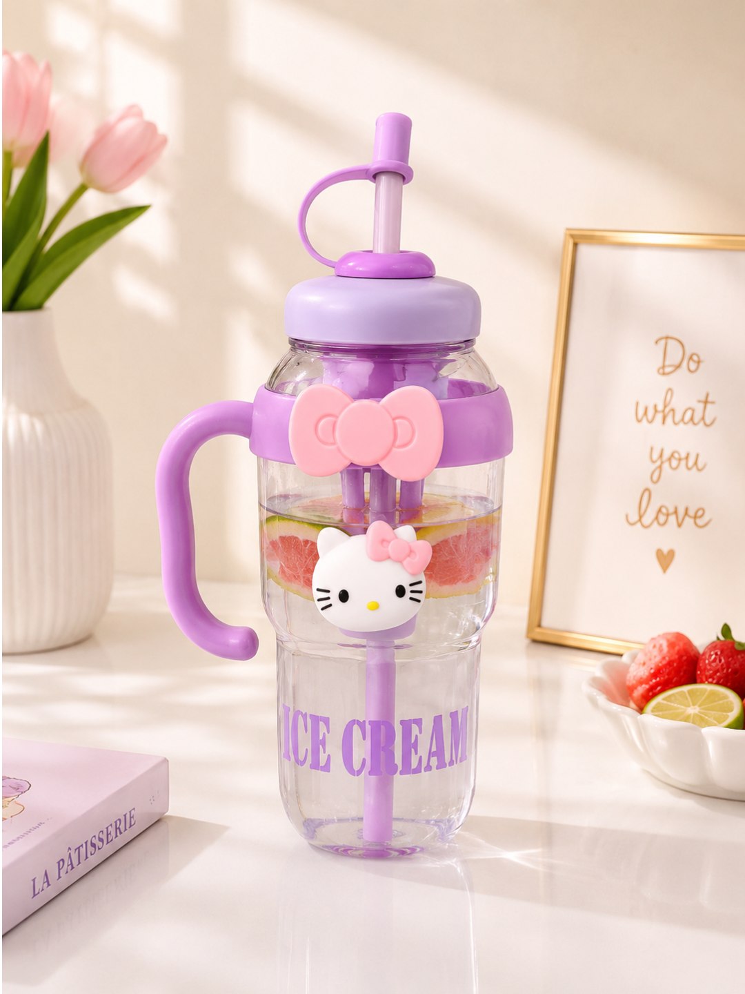 Hello Kitty dizaynli bolalar suv idishi, somoncha va tutqichli - 