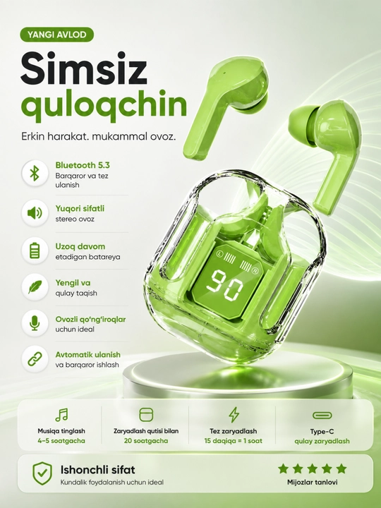 AIBT Bluetooth 5.3 TWS simsiz quloqchinlari, LED displey va Type-C zaryadlash qutisi bilan - 