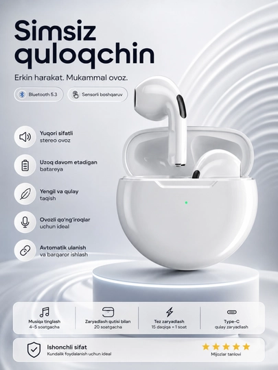 Pro 6 Simsiz Bluetooth 5.3 TWS Quloqchin, Sensorli Boshqaruv va Zaryadlash Qutisi - 