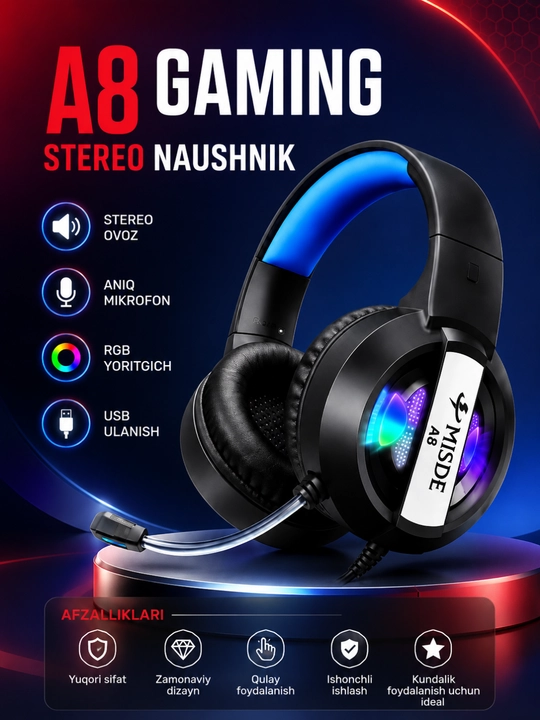 A8 Gaming Kompyuter, noutbuk va telefon uchun RGB LED mikrofonli stereo o‘yin naushniklari - 