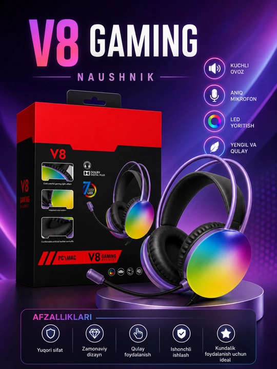 V8 Gaming Kompyuter, noutbuk va telefon uchun RGB LED mikrofonli stereo o‘yin naushniklari - 