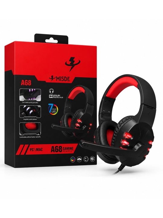 A68 Gaming Kompyuter, noutbuk va telefon uchun RGB LED mikrofonli stereo o‘yin naushniklari