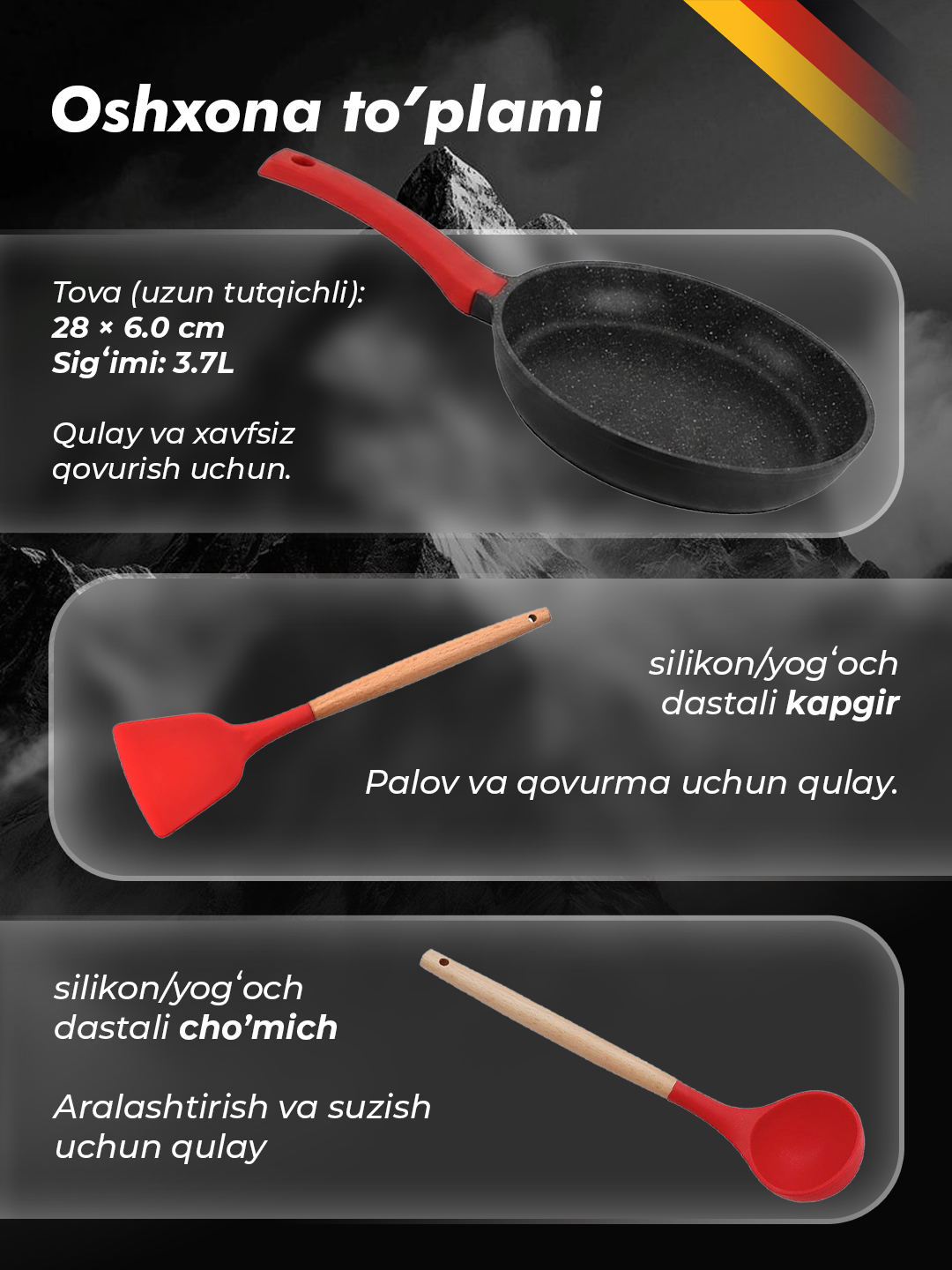 Haus Roland granit qoplamali oshxona idishlari to‘plami, kastrulkalar va skovorodka