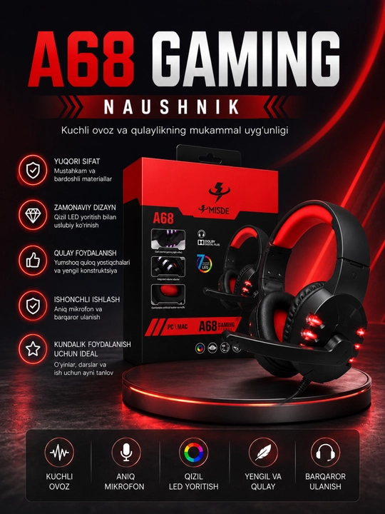 A68 Gaming Kompyuter, noutbuk va telefon uchun RGB LED mikrofonli stereo o‘yin naushniklari - 