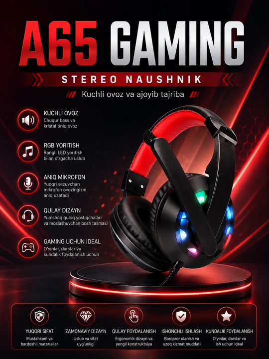 A65 Gaming Kompyuter, noutbuk va telefon uchun RGB LED mikrofonli stereo o‘yin naushniklari - 