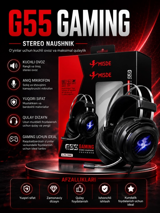 MISDE G55 Gaming Stereo Naushnik RGB LED Mikrofonli Simli Quloqchin PC va Mac uchun - 
