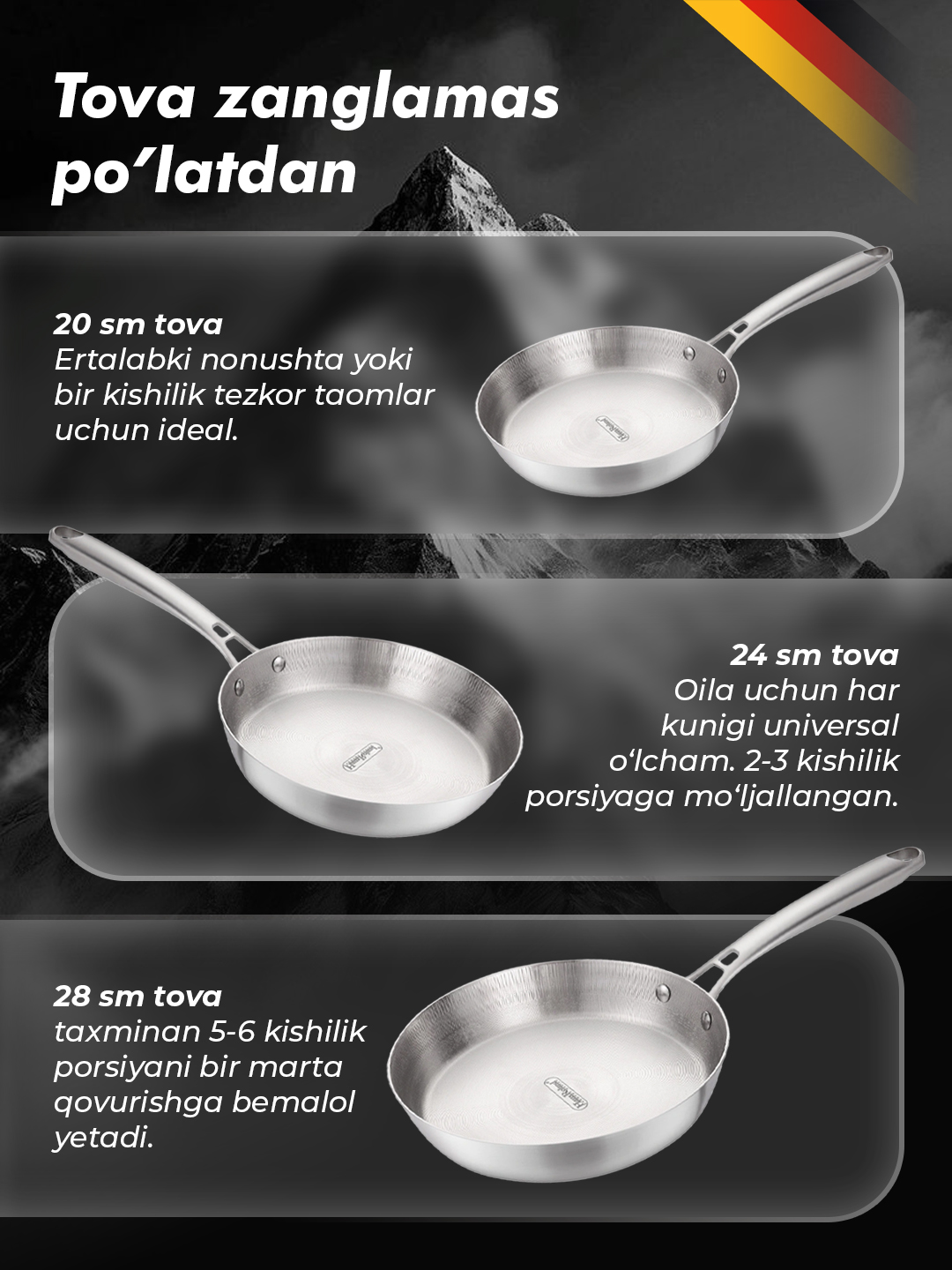 Zanglamaydigan po’lat tova skovorodka 20–24–28 sm, induksiya va gaz plitasi uchun