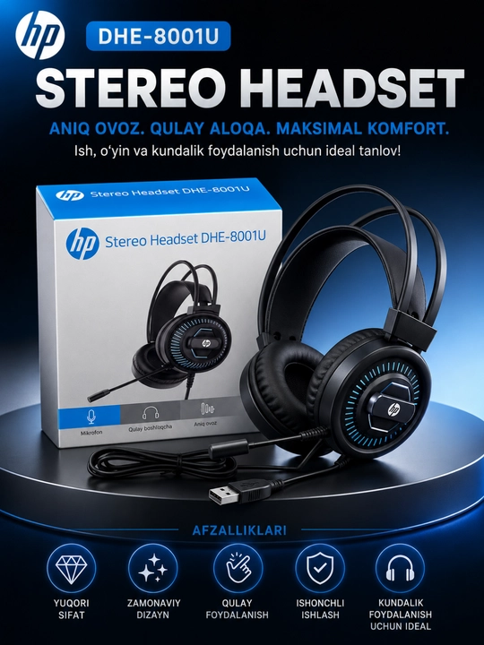 Hp stereo headset dhe-8001u usb mikrofonli quloqchin kompyuter va noutbuk uchun qora - 