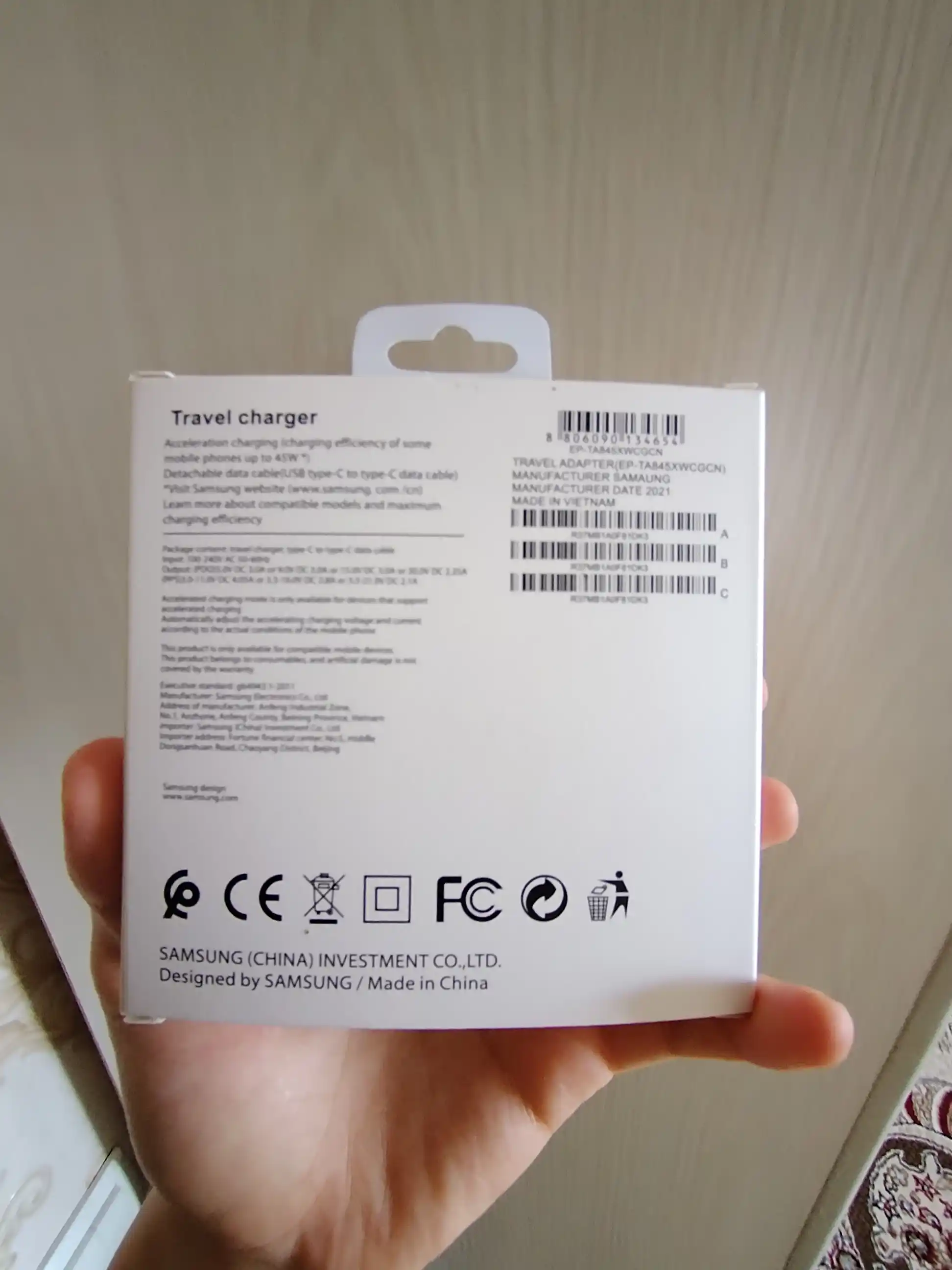 Зарядное устройство Samsung 45W, Type-C, быстрая зарядка, адаптер для телефона