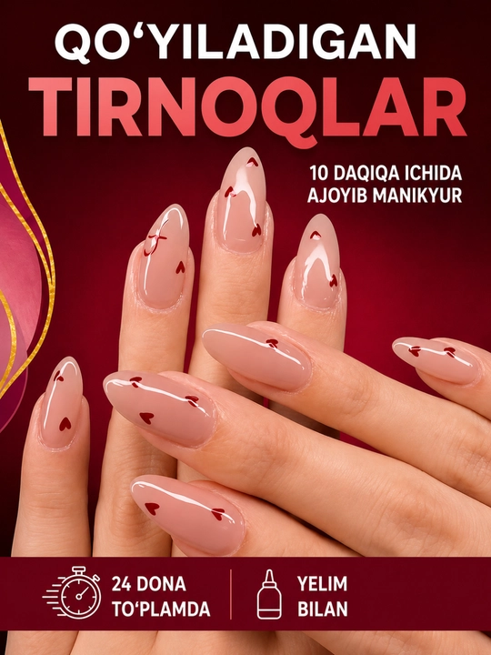 Elegant ko‘rinishda ulama tirnoqlar, yelim bilan, 24 dona - 