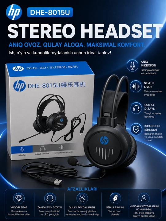 Hp dhe-8015u usb mikrofonli simli stereo quloqchin, kompyuter va noutbuk uchun qora - 