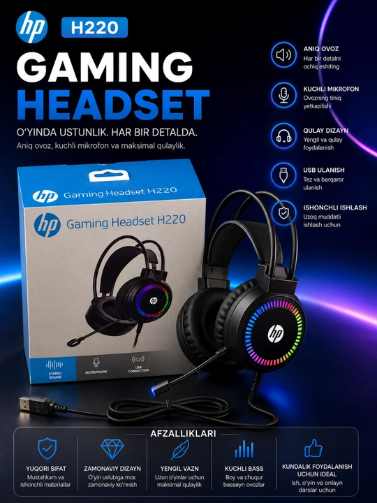 Hp h220 rgb gaming headset mikrofonli simli quloqchin, kompyuter va noutbuk uchun - 
