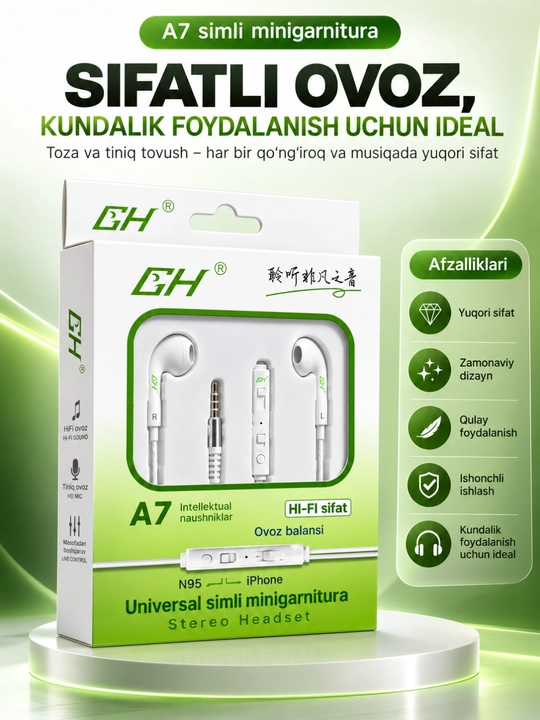 A7 Stereo simli naushnik mikrofonli 3.5 mm quloqchin Android va iPhone qurilmalari uchun - 