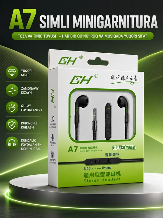 A7 Stereo simli naushnik mikrofonli 3.5 mm quloqchin Android va iPhone qurilmalari uchun - 