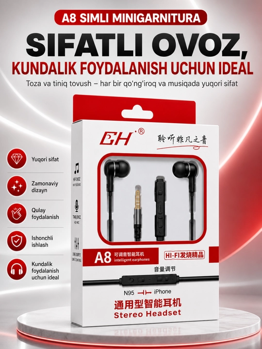 A8 stereo simli naushnik mikrofonli 3. 5 mm quloqchin android va iphone qurilmalari uchun - 