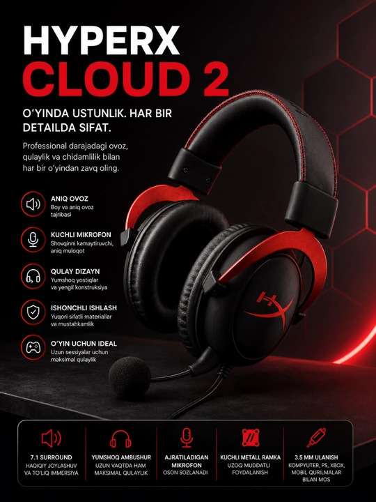 HyperX Cloud II  kompyuter PS5 Xbox noutbuk uchun stereo mikrofonli o‘yin garniturasi - 