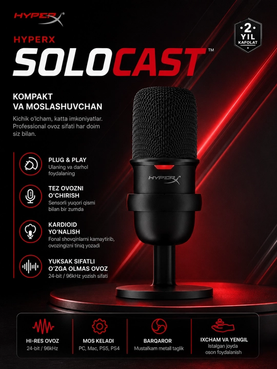 Hyperx solocast usb kondensator mikrofon streaming podcast gaming va yozuv uchun - 