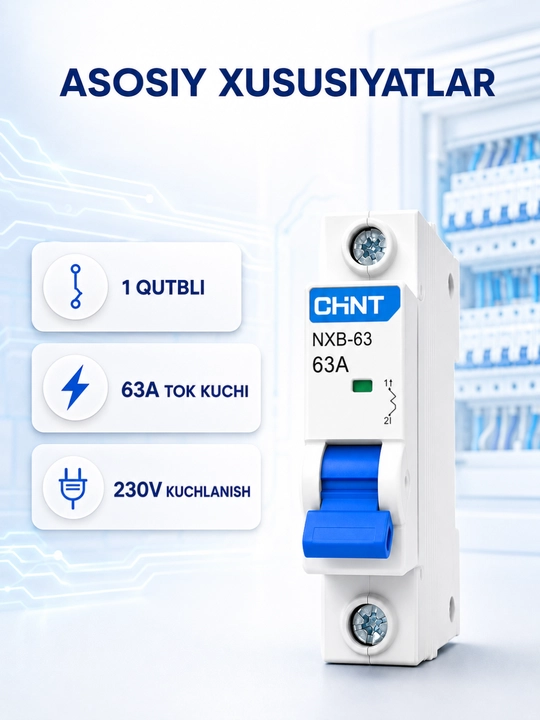 Elektr avtomat CHINT NXB-63, 1 qutbli avtomatik o‘chirgich, 63A, 230V