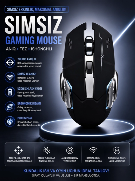 Simsiz gaming sichqoncha rgb sozlanadigan dpi ergonomik kompyuter va noutbuk uchun - 