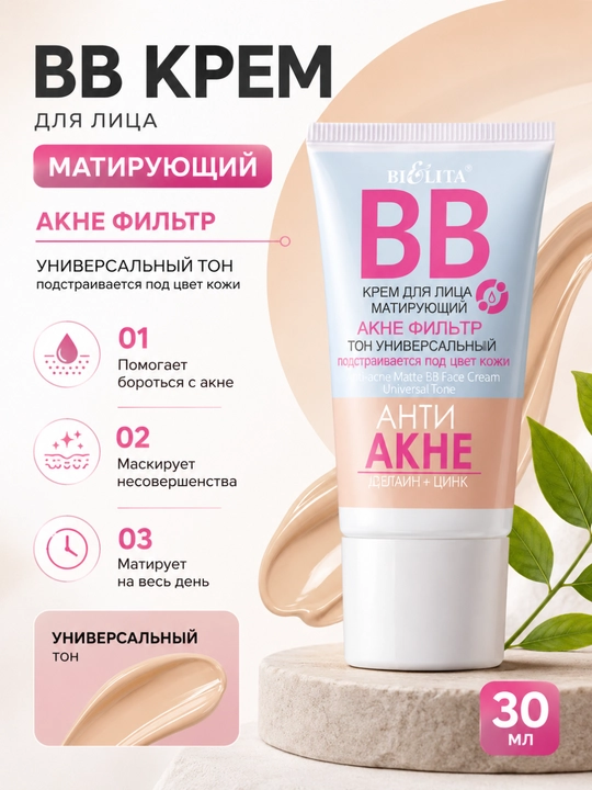 BB крем для лица матирующий "Акне фильтр", тон универсальный, 30 мл, Белита - 