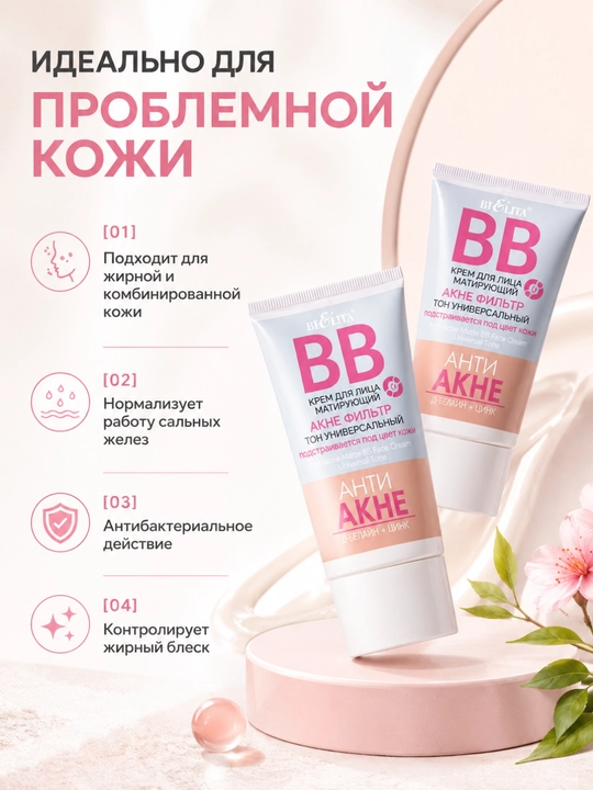 BB крем для лица матирующий "Акне фильтр", тон универсальный, 30 мл, Белита