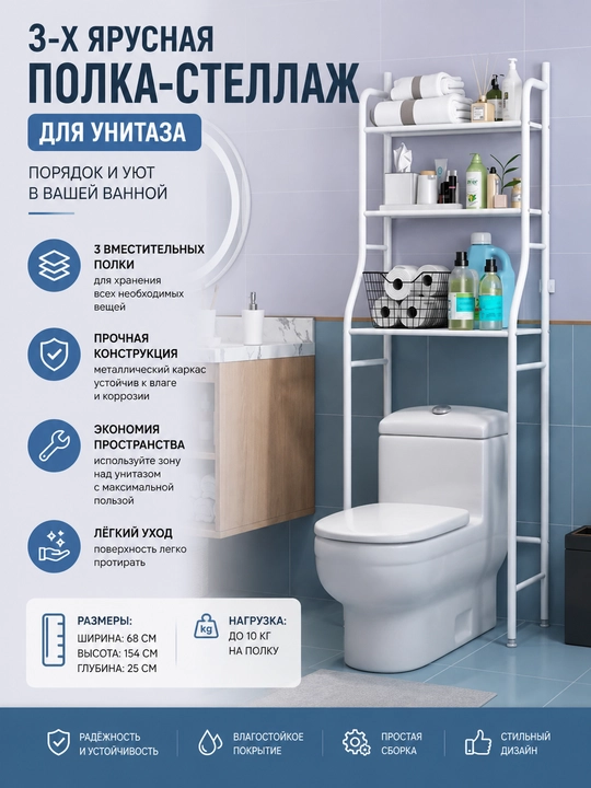 3-х ярусная металлическая полка стеллаж для унитаза - 