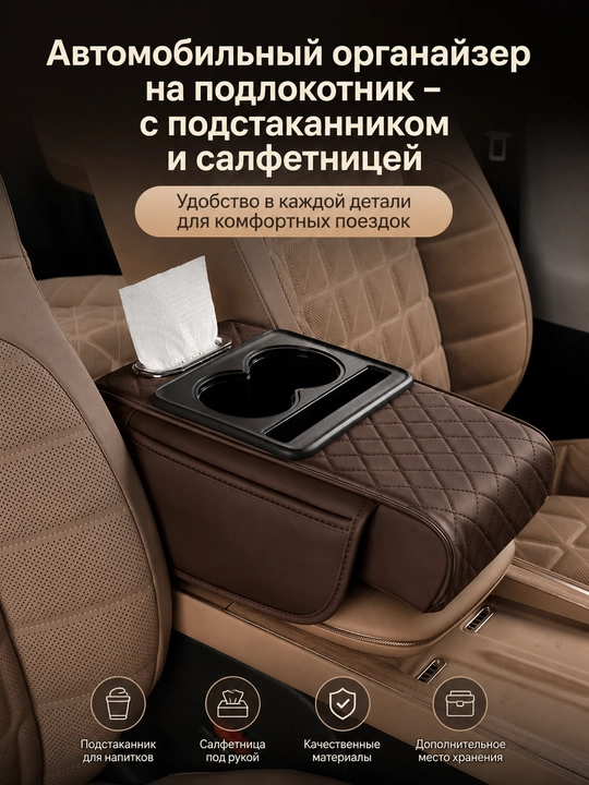 Автомобильный органайзер на подлокотник – с подстаканником и салфетницей