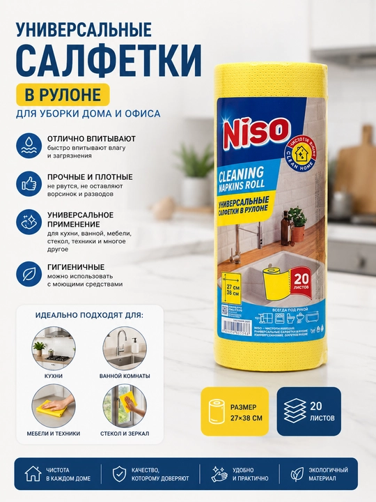 Салфетки универсальные Niso в рулонах, 20 листов - 