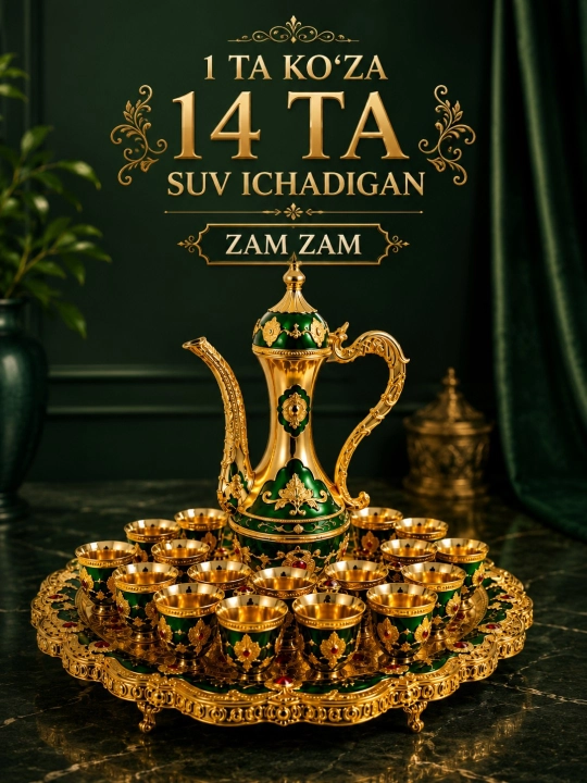 14 piyolali zamzam to'plami ko'za va lagan bilan suv to'plami - 