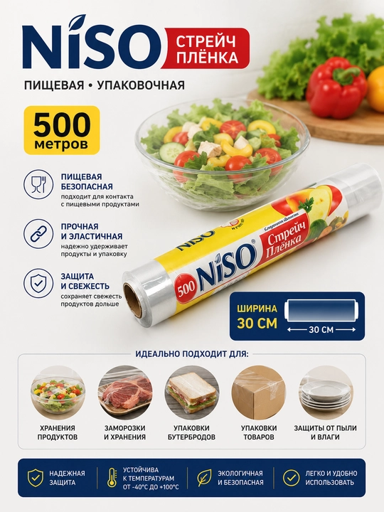 Стрейч пленка Niso 500, пищевая, упаковочная, 30 см - 