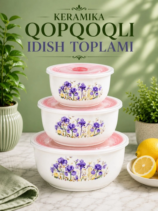 Keramika qopqoqli idish to'plami, 3 dona oziq-ovqat saqlash idishlari - 