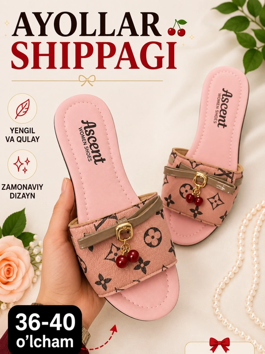 Ayollar shippagi - yozgi ochiq poyabzal, olcha shaklidagi bezakli, 36-40 o‘lchamli