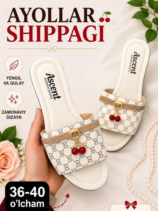 Ayollar shippagi - yozgi ochiq poyabzal, olcha shaklidagi bezakli, 36-40 o‘lchamli