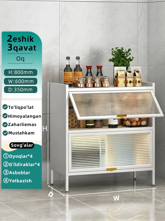 Süriladigan eshikli metall oshxona javoni, qulay saqlash yechimi