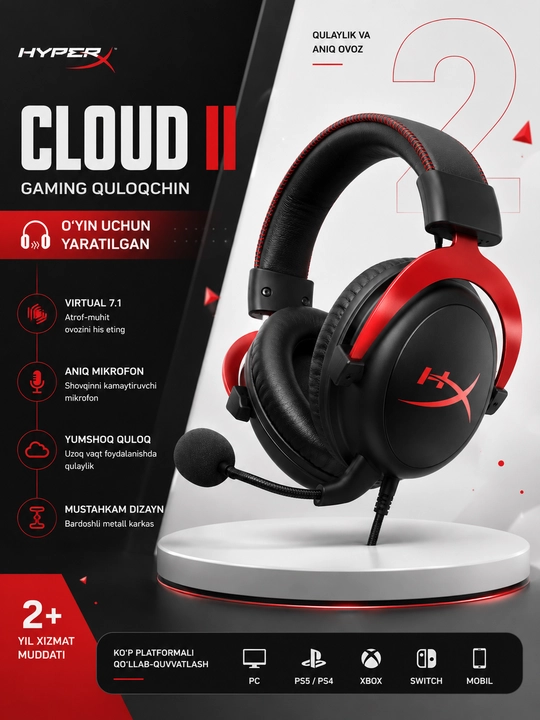 HyperX Cloud II simli o‘yin quloqchinlari, qulay va sifatli quloqchinlar - 